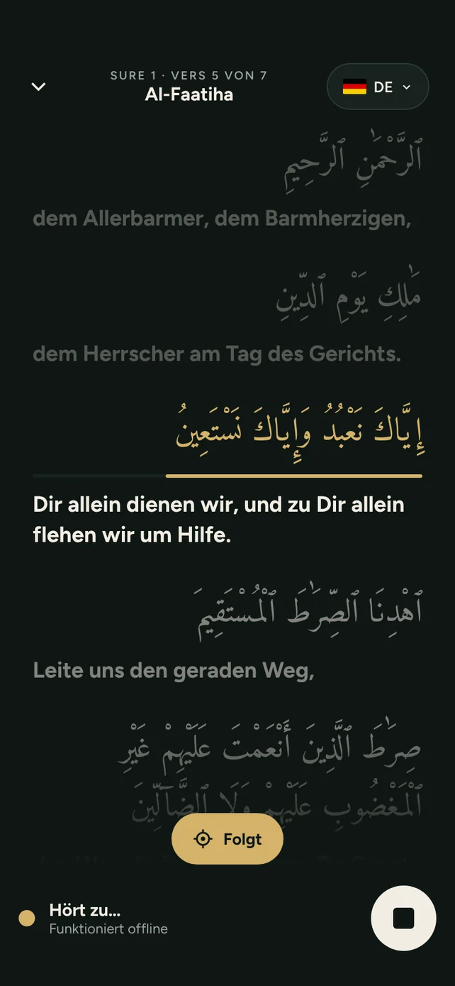 AyahSync folgt Al-Fatiha, Vers 5 mit Übersetzung hervorgehoben