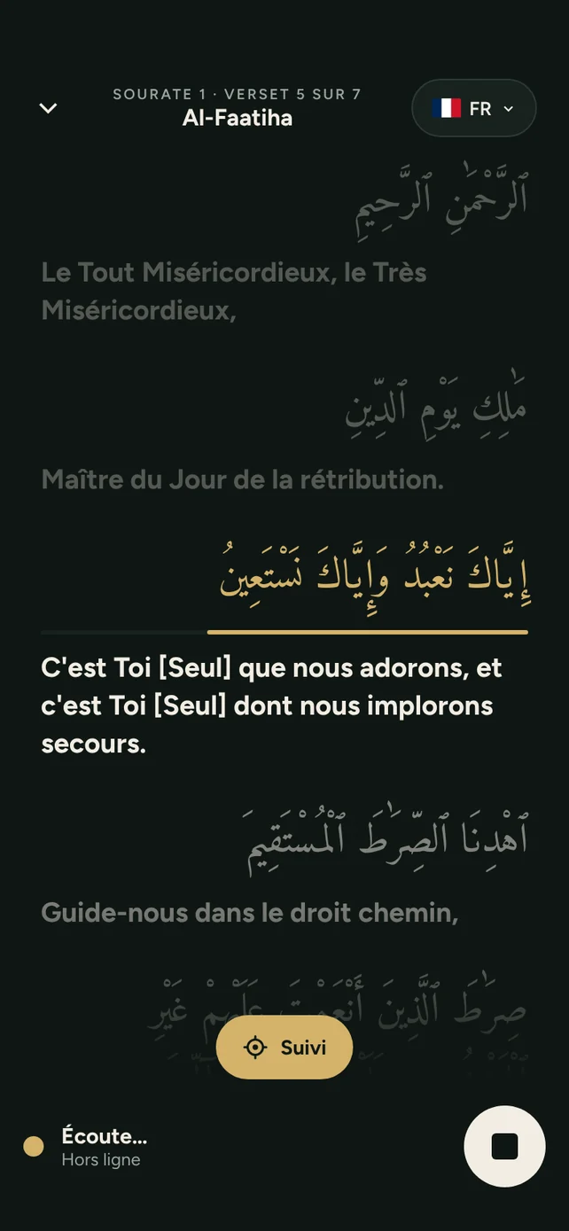AyahSync suit Al-Fatiha, le verset 5 mis en évidence avec sa traduction