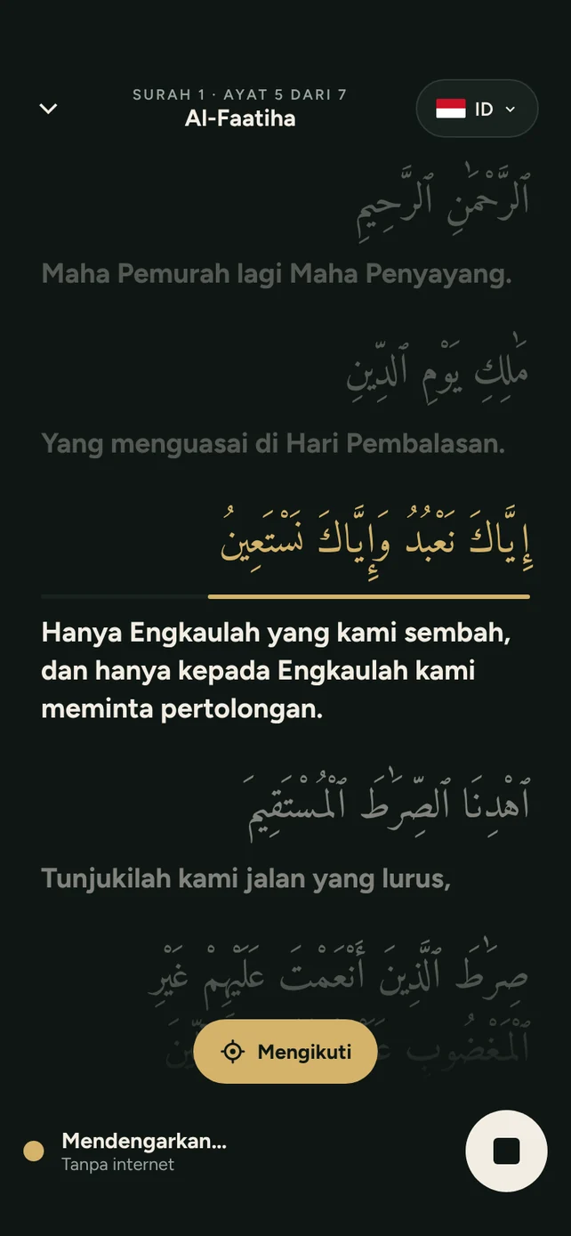 AyahSync mengikuti Al-Fatihah, ayat 5 disorot dengan terjemahannya