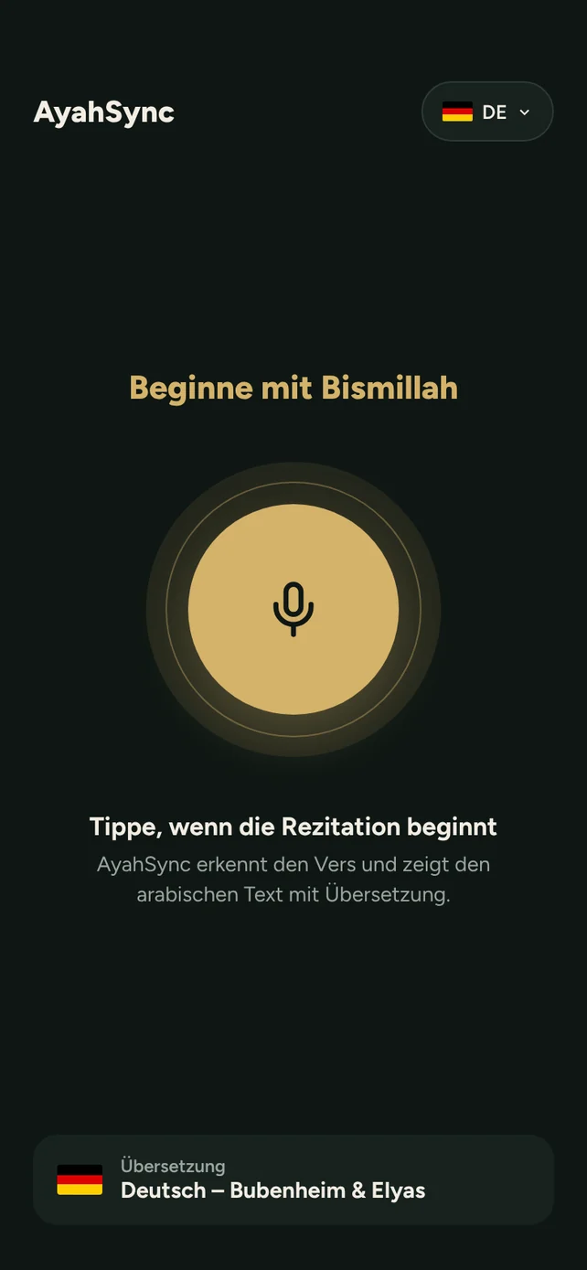 AyahSync-Startbildschirm mit dem Mikrofon-Knopf