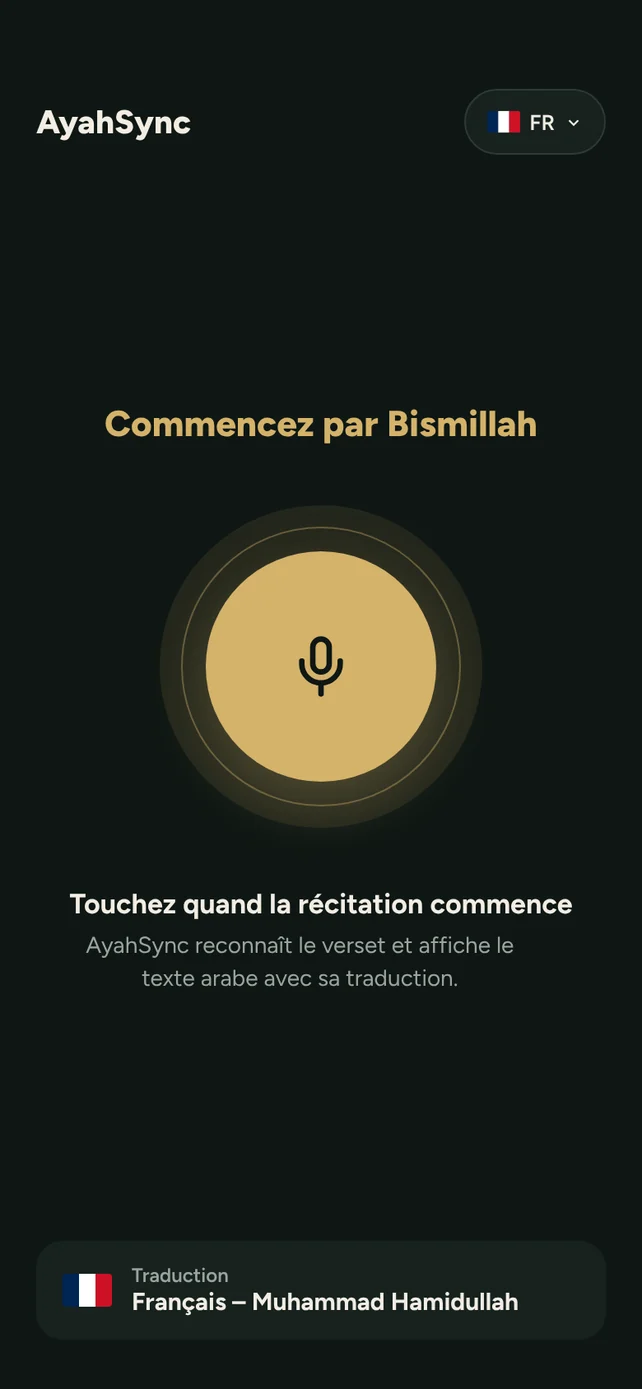Écran d’accueil d’AyahSync avec le bouton du micro