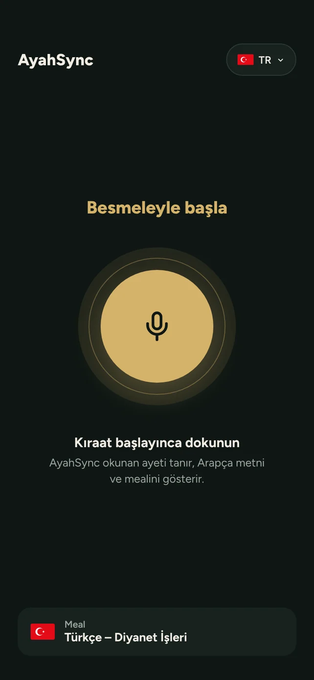 Mikrofon düğmeli AyahSync ana ekranı